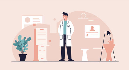 a doctor standing in a medical setting, surrounded by various medical equipment and a plant. Suitable for landing page, banner, marketing, web design, presentation, infographic, etc.