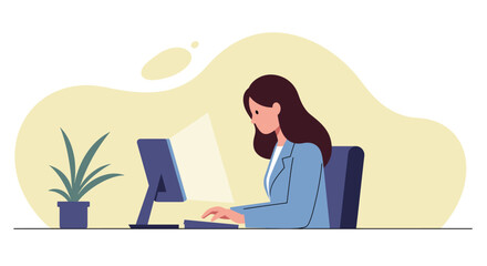 A focused young woman diligently works on her desktop computer, illustrating modern office productivity in a clean, minimalist vector design.