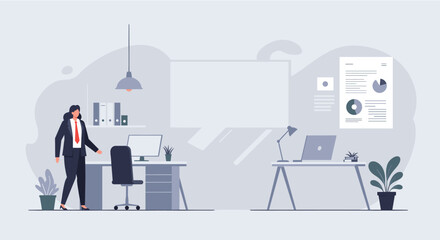 Obraz premium A professional businesswoman stands in a modern, minimalist office workspace featuring a large blank screen, perfect for web design and marketing presentations.