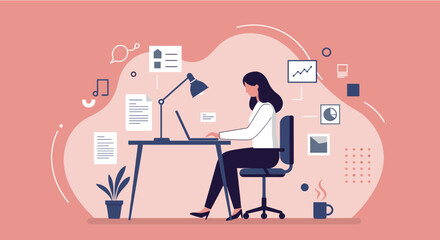 A woman works diligently on her laptop at a modern desk, surrounded by office supplies and abstract elements, symbolizing productivity and remote work.
