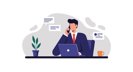 a man in a suit talking on a phone, with a laptop and a plant in the background, all Suitable for landing page, banner, marketing, web design, presentation, infographic, etc.
