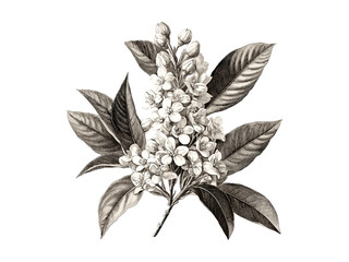 Hand-drawn vintage botanical engraving, laurel blossoms, retro floral print, laurel tree flowers, black sketch, nature decor, old engraving style, sustainable plant art, classic floral design