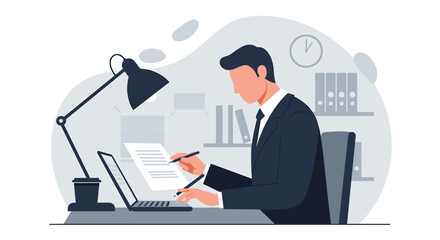 A professional businessman in a flat design illustration style is diligently working at his desk with a laptop and documents in a modern office setting.