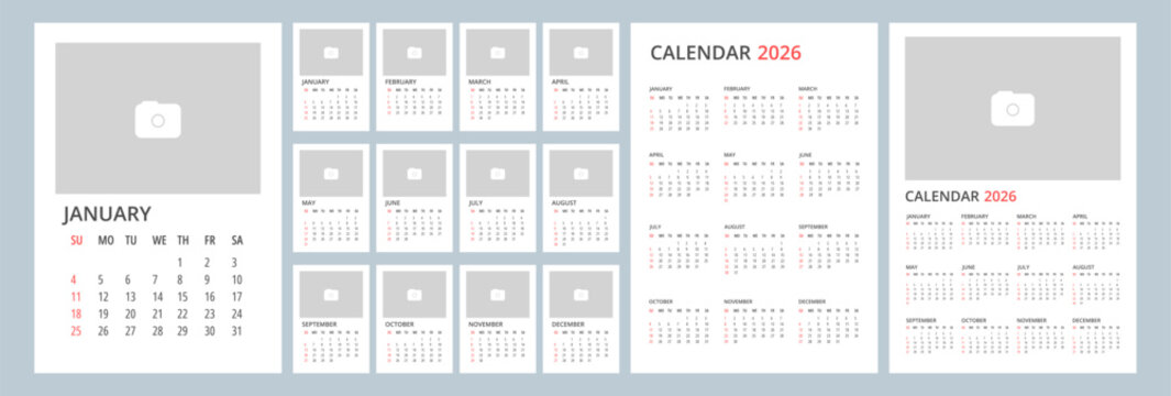2026 Year Simple Calendar Template with Space for Logo, Illustration or Photo. Week Starts on Sunday. 
