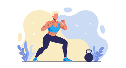a woman in a blue sports bra and leggings, engaged in a workout, with a kettlebell beside her. Suitable for landing page, banner, marketing, web design, presentation, infographic, etc.