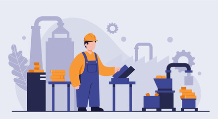 A male factory worker in a hard hat and overalls operates industrial machinery within a modern manufacturing plant, depicted in a flat design illustration.