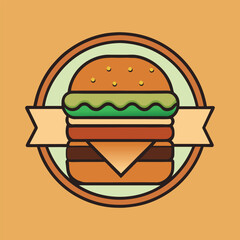 Retro Burger Emblem with Ribbon Fast Food Restaurant Logo Design