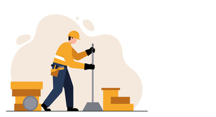 An illustrated construction worker in a yellow hard hat and safety vest sweeps the floor with a broom, depicting labor and construction work in a clean, modern style.