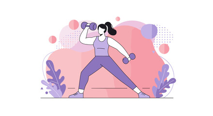 a woman in a purple outfit performing a weightlifting exercise, surrounded by abstract shapes and plants. Suitable for landing page, banner, marketing, web design, presentation, infographic, etc.
