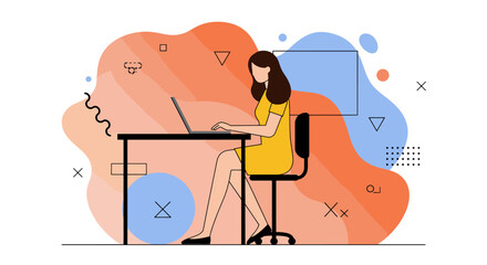 a woman sitting at a desk using a laptop, with abstract shapes and lines in the background. Suitable for landing page, banner, marketing, web design, presentation, infographic, etc.
