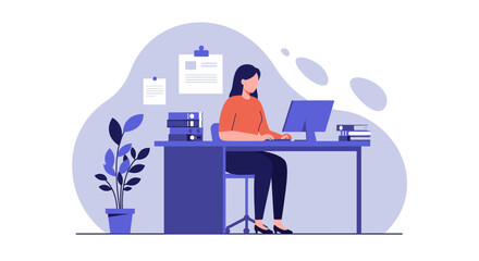 A woman sits at her desk, working on a computer, surrounded by office supplies and a potted plant, in a modern, minimalist workspace.