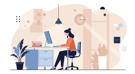 Creative flat design illustration depicts a woman working at her desk, suitable for a landing page or marketing banner related to business or technology.