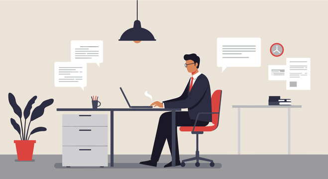 A young man in a suit sits at his desk working on his laptop, surrounded by documents and thought bubbles in a modern office environment.