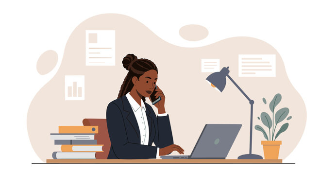 Confident African American businesswoman in a suit uses her laptop while talking on her phone in a modern office, showcasing productivity and communication. - Powered by Adobe