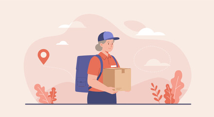 An elderly delivery person, wearing a cap and carrying a package with a backpack, stands ready for a delivery against a soft, illustrated background.