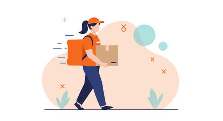 An illustration depicts a delivery person, wearing a cap and carrying a box and a backpack, walking quickly with a blurred motion effect, representing fast and efficient service.