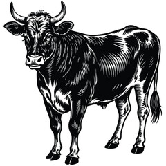 Monochrome illustration of a bull in a vintage engraving style