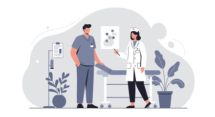 A medical professional in a white coat consults with a colleague in scrubs in a modern clinic setting, surrounded by plants and medical equipment.