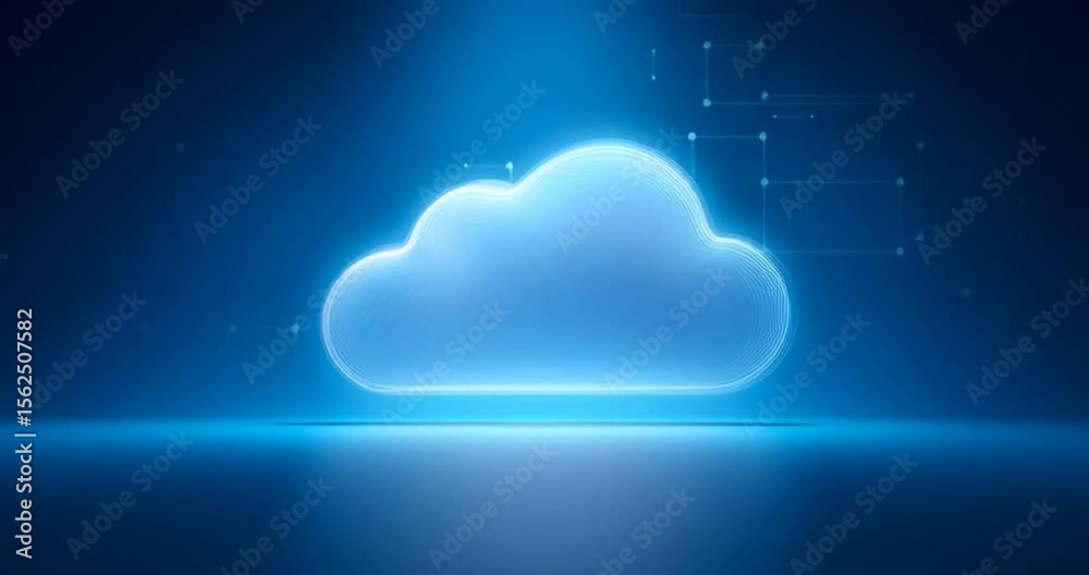 Poster cloud technology background with a glowing digital cloud icon on a blue, abstract futuristic tech a 