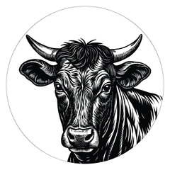 Engraved Bull Head Illustration in Black and White Circle
