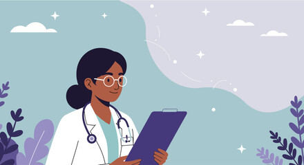 a woman in a white coat and glasses, holding a clipboard, with a starry sky and plants in the background. Suitable for landing page, banner, marketing, web design, presentation, infographic, etc.