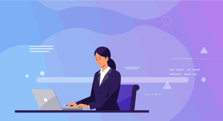 A focused businesswoman in a professional suit diligently works on her laptop at a desk, set against a modern abstract digital background.
