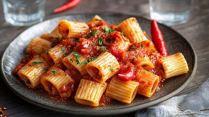 A plate of spicy arrabbiata sauce served over rigatoni pasta, with chili peppers and a glass of water on the side.