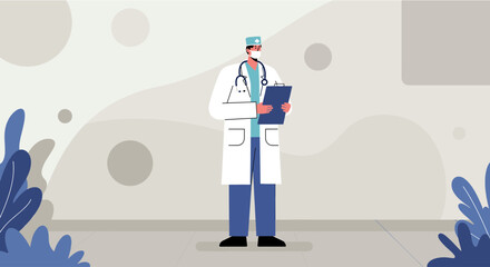 a doctor in a white coat and blue cap standing in front of a hospital corridor with plants on either side. Suitable for landing page, banner, marketing, web design, presentation, infographic, etc.