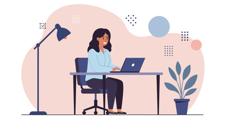 A woman is seated at a desk, focused on her work on a laptop, with a potted plant and a floor lamp nearby. Suitable for landing page, banner, marketing, web design, presentation, infographic, etc.