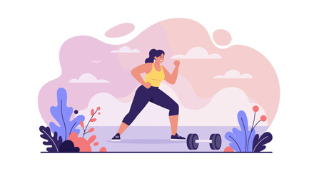 A dynamic flat illustration portrays a healthy woman actively exercising outdoors, emphasizing fitness, wellbeing, and an active lifestyle.