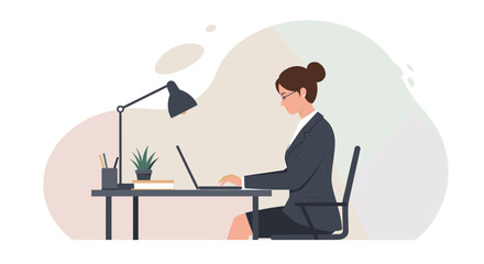 A woman in a business suit is sitting at a desk, working on a laptop with a lamp providing light. Suitable for landing page, banner, marketing, web design, presentation, infographic, etc.