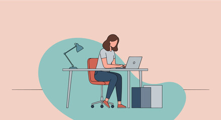 a woman seated at a desk, focused on her laptop, with a lamp beside her and a suitcase to her right. Suitable for landing page, banner, marketing, web design, presentation, infographic, etc.