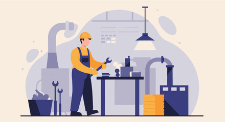 A flat design illustration showcases a mechanic in a workshop, ideal for landing pages, marketing materials, and web design presentations with an infographic style.