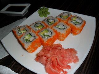 sushi on a plate in a cafe