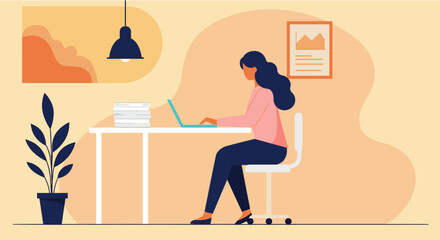 A focused young woman diligently works on her laptop at a modern desk in a comfortable home office environment, illustrating productivity.
