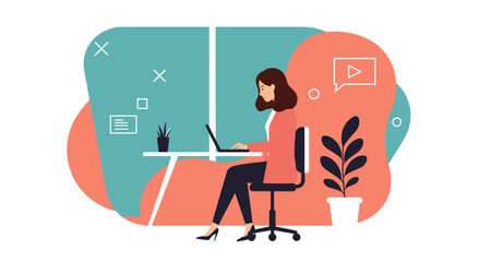 A young woman works diligently on her laptop at a modern desk, representing productivity and remote work in a stylish, minimalist office setting.