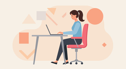 A woman is seated at a desk, focused on her laptop, with geometric shapes in the background. Suitable for landing page, banner, marketing, web design, presentation, infographic, etc.