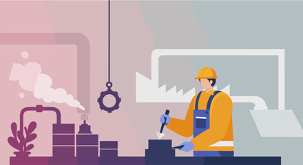 An industrial worker in protective gear is diligently operating equipment within a factory, depicted in a modern flat design style.