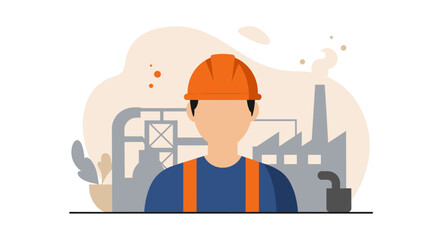 Flat design illustration of a construction worker in an orange helmet against a factory background, perfect for business marketing.