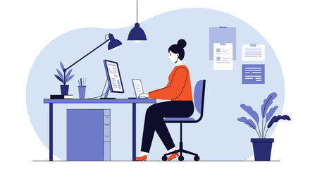 A woman works diligently at her modern desk, illuminated by a desk lamp, focused on her computer and laptop, fostering productivity in a contemporary office setting.