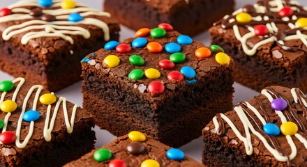 Festive decorated chocolate brownies with colorful candy and icing drizzle