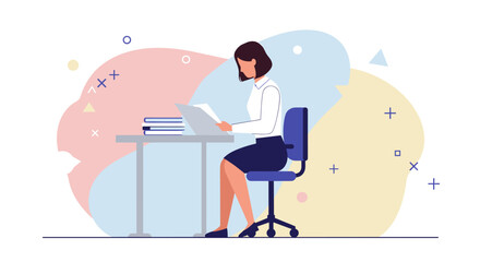 A focused young woman in a modern flat design illustration sits at her desk, diligently working on documents with books nearby.