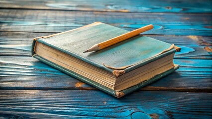 An aged green book with yellowed pages rests on a rustic blue wooden table, accompanied by a simple wooden pencil