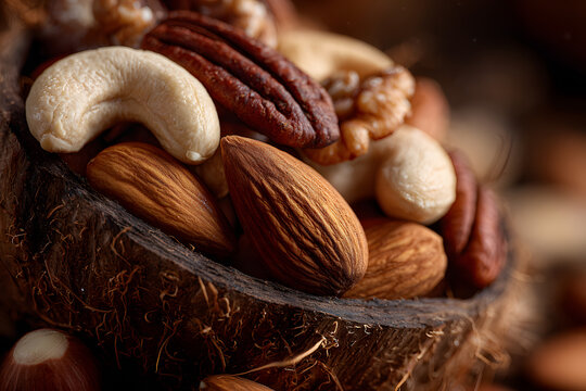 Close-up of mixed nuts in a coconut bowl on a gray background
