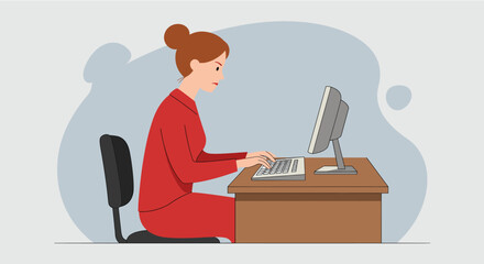 A woman in a red outfit is sitting at a desk, typing on a computer with a focused expression. Suitable for landing page, banner, marketing, web design, presentation, infographic, etc.