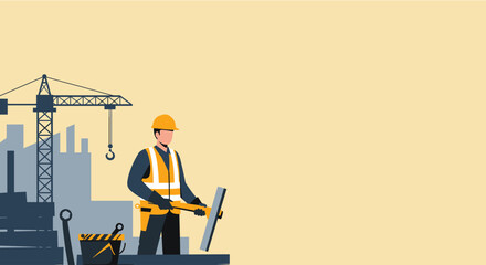 A skilled construction worker in a safety vest and hard hat meticulously measures a surface with a spirit level at a busy urban development site.