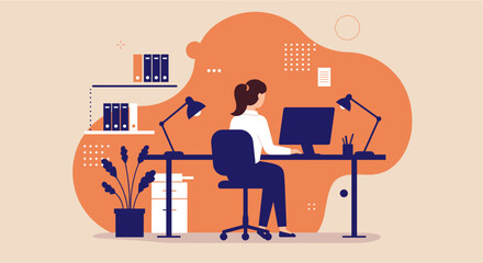 A woman is working on a computer at her desk in a modern, flat design illustration, perfect for a landing page or business presentation, and marketing banner.