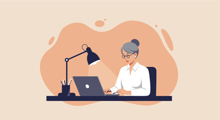 a woman sitting at a desk, working on a laptop with a lamp illuminating her workspace. Suitable for landing page, banner, marketing, web design, presentation, infographic, etc.
