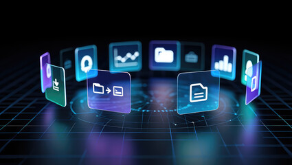 Data Management System A Digital Interface Displaying File Transfer and Organization with Icons Arranged in a Circular Pattern on a Dark Technological Backdrop