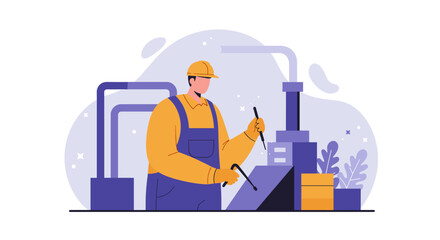 A male factory worker in a hard hat and overalls diligently operates machinery within an industrial setting, presented as a modern flat design illustration.